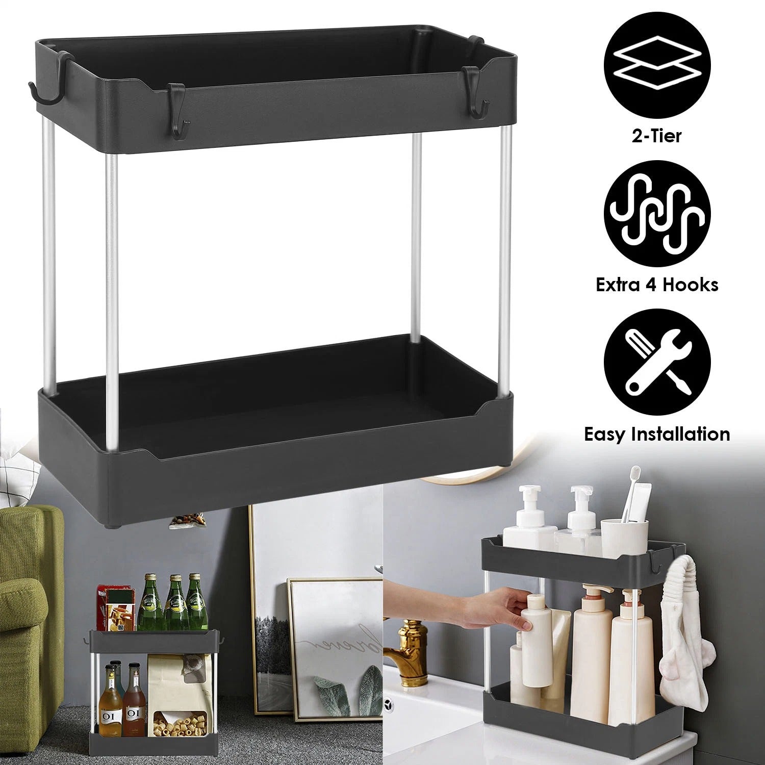 2-Tier Under Sink Shelf Organizer Space Saving Bathroom Sink ; Bachat.pk