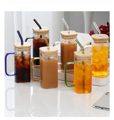 SQUARE GLASS CUP WITH BAMBOO LID AND STRAW | Bachat.pk