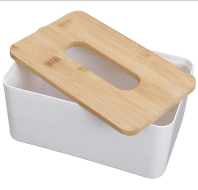 Minimalist Tissue Box with Wooden Lid – Modern Desktop Organizer | bachat.pk