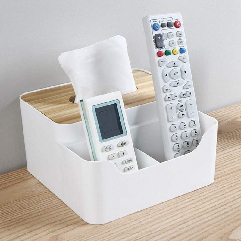 Wooden Desktop Tissue And Remote Holder ; Bachat.pk
